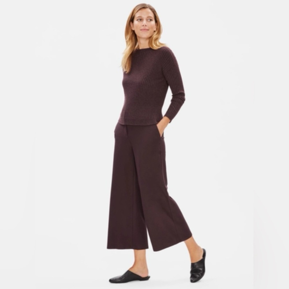 Eileen Fisher Wide Leg Cropped Stretch Crepe‎ Pants Size 4 Burgundy Casis